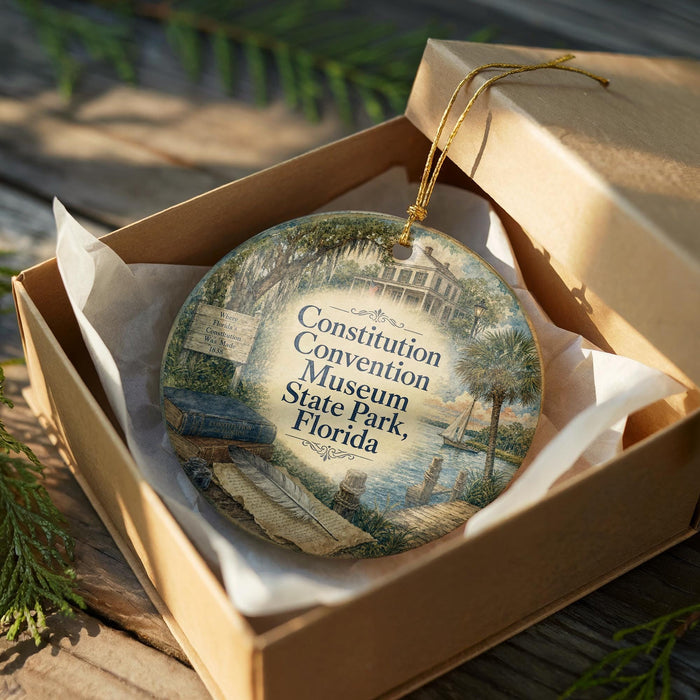 A decorative ornament in a box, featuring an illustration of a historic building and palm trees, with the text "Constitution Convention Museum State Park, Florida" printed on it.