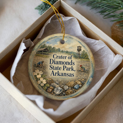 A decorative ornament in a box, featuring a scenic image of Crater of Diamonds State Park in Arkansas.
