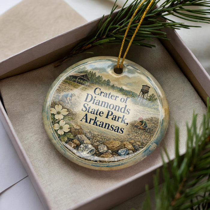A decorative ornament in a box, featuring a scenic landscape with a water tower and a field with flowers.
