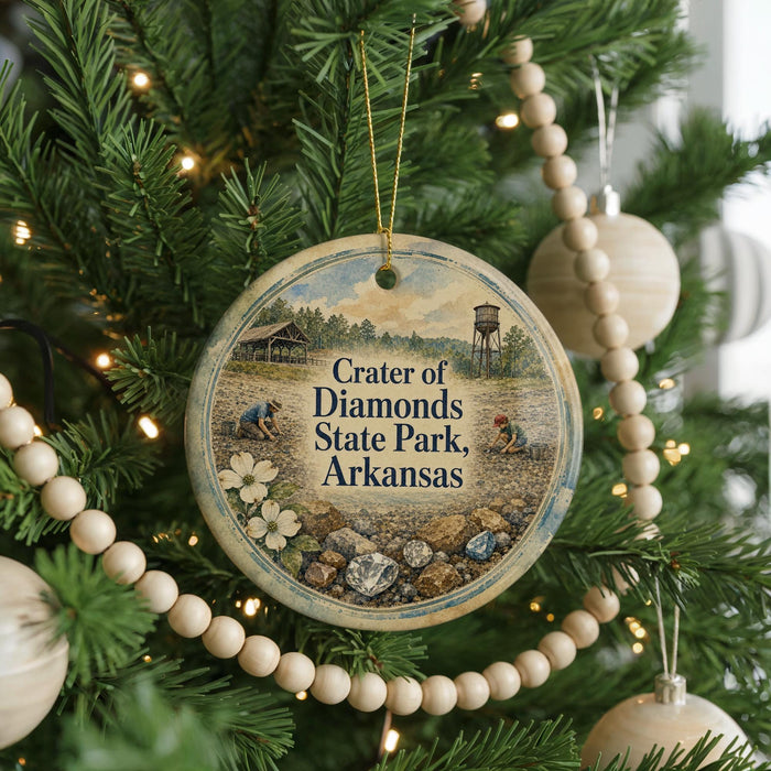 A round ornament hanging on a Christmas tree, featuring a scenic image of Crater of Diamonds State Park in Arkansas.