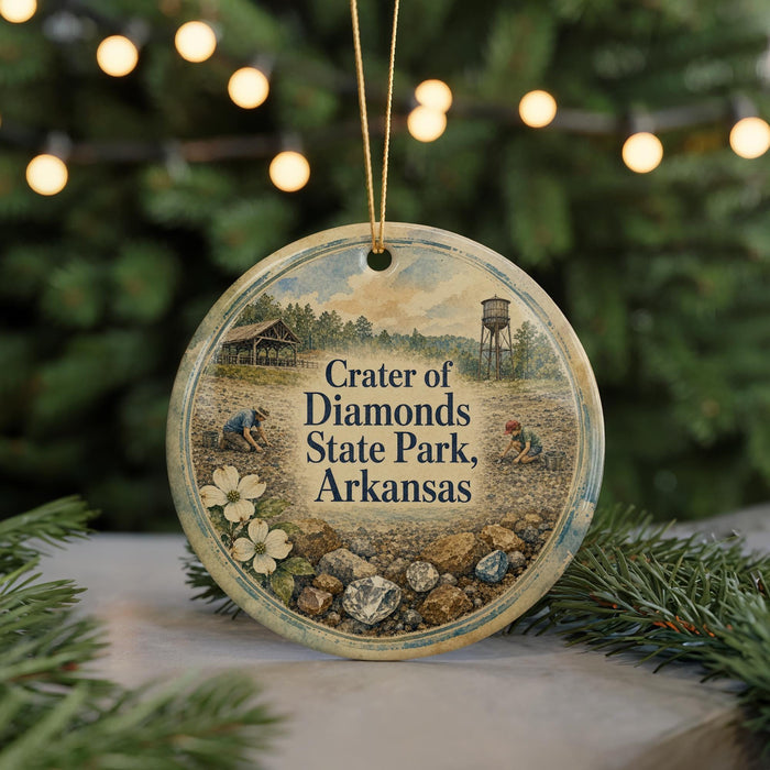 A round ornament with a painting of a person digging in a field, surrounded by flowers and rocks, with the text "Crater of Diamonds State Park, Arkansas" displayed on it.