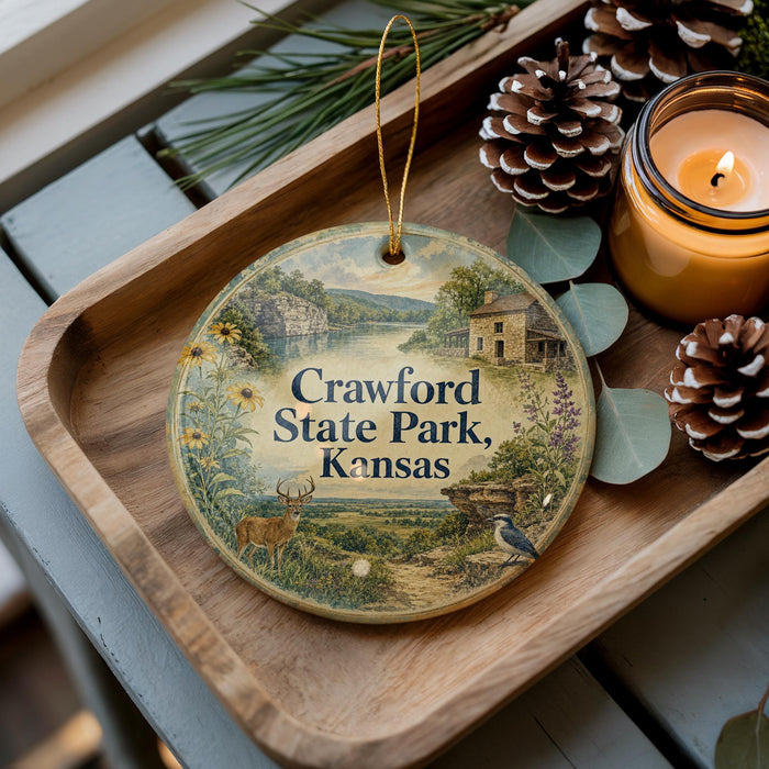 A wooden tray with a decorative ornament featuring a scenic landscape of Crawford State Park, Kansas, and a candle on a wooden surface.