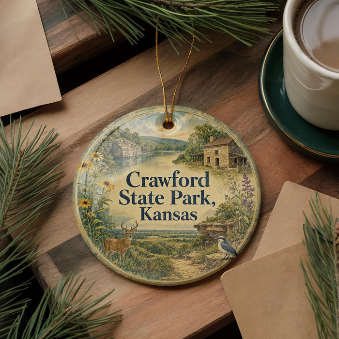 A decorative ornament with a scenic image of Crawford State Park, Kansas, featuring a deer, a bird, and a house, is displayed on a wooden surface alongside a cup of coffee and some pine branches.