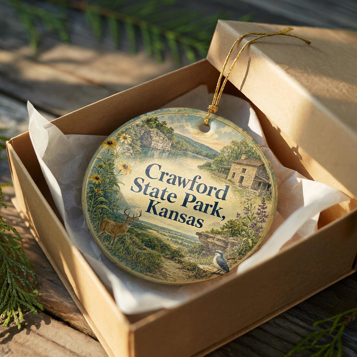 A decorative ornament in a brown box, featuring a scenic landscape with a house, flowers, and a bird, with the text "Crawford State Park, Kansas" printed on it.