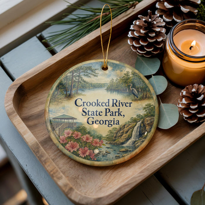 A decorative ornament with a scenic image of Crooked River State Park, Georgia, featuring a waterfall, pine trees, and flowers, is displayed on a wooden tray alongside a lit candle and pine cones.