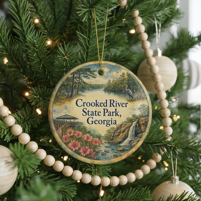 A round ornament hanging on a Christmas tree, featuring a scenic landscape with a waterfall and pine trees.