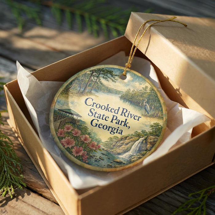 A decorative ornament in a box, featuring a scenic landscape with a river, trees, and a waterfall.