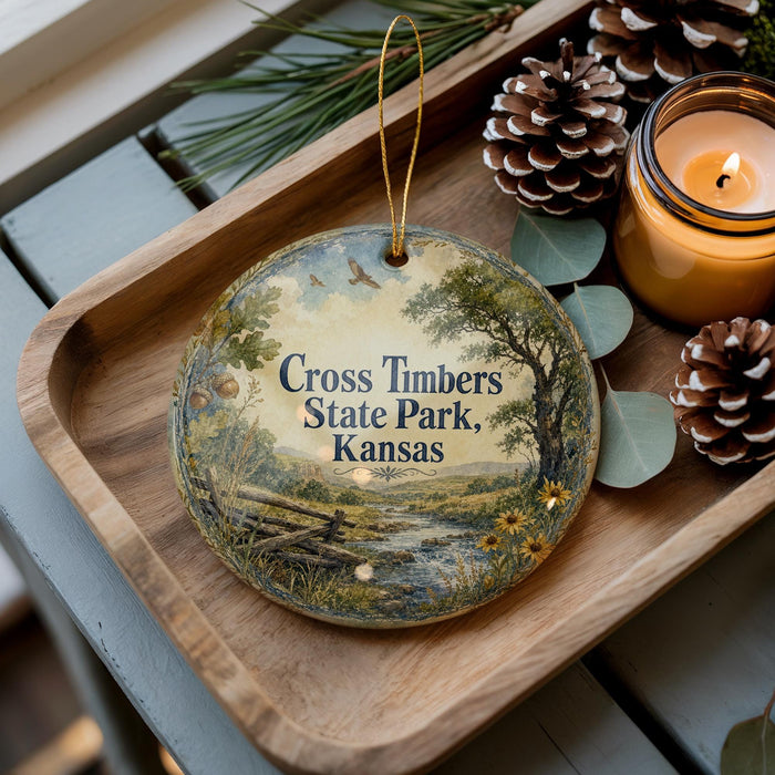 A wooden tray with a decorative ornament featuring a scenic landscape of Cross Timbers State Park, Kansas, along with pine cones and a lit candle.