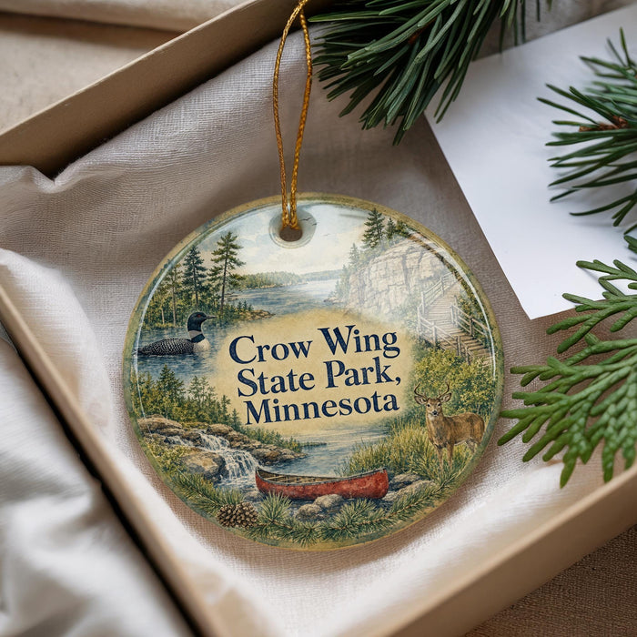 A decorative ornament with a scenic landscape of a lake, forest, and wildlife, including a duck and a deer, is displayed in a box.