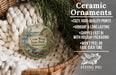 Ceramic ornaments, featuring a design of a canoe and a scenic landscape, are displayed in a woven basket.