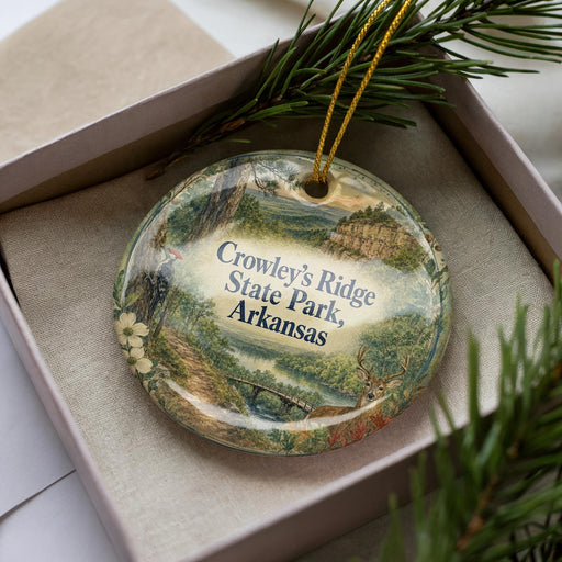 A decorative ornament with a scenic landscape of Arkansas, featuring a river, mountains, and wildlife, is displayed in a box with pine branches.