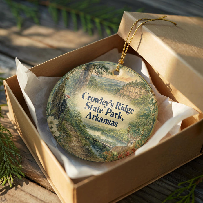 A decorative ornament in a cardboard box, featuring a scenic landscape with a river, mountains, and wildlife.