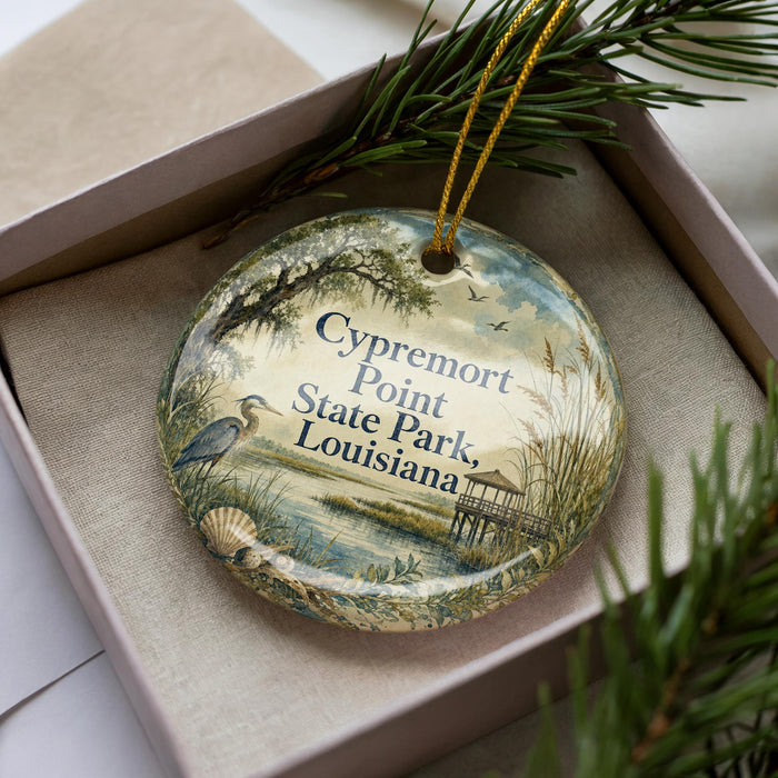 A decorative ornament in a box, featuring a scenic image of Cyremort Point State Park in Louisiana.