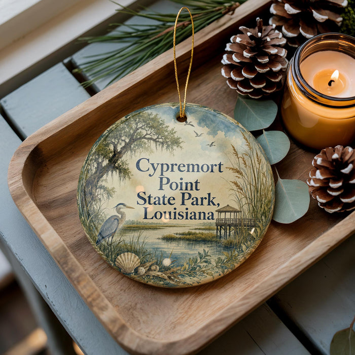 A wooden tray displaying a decorative ornament with a scenic image of Cypremort Point State Park, Louisiana, and pine cones.