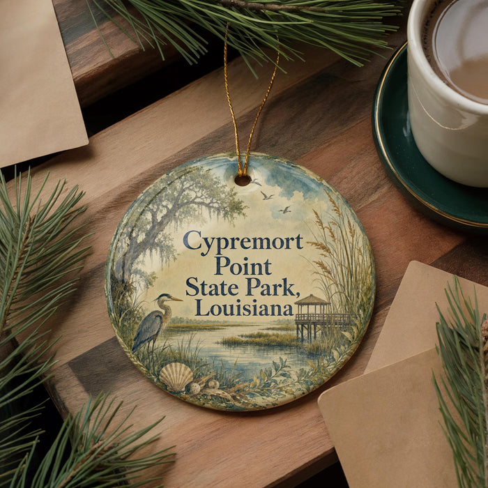 A decorative ornament with the text "Cypremort Point State Park, Louisiana" is displayed on a wooden surface, surrounded by pine branches and a cup of coffee.