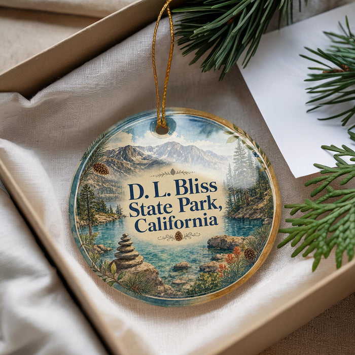 A decorative ornament with a scenic landscape of mountains, water, and pine trees, featuring the text "D.L. Bliss State Park, California".