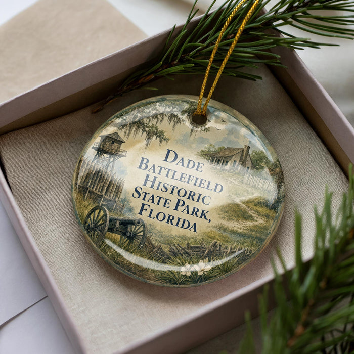 A decorative ornament in a box, featuring a scene from Battlefield Historic State Park, Florida.