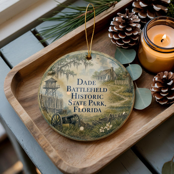 A wooden tray with a decorative ornament featuring a rural scene, including a house, wagon, and path, along with pine cones and a lit candle.