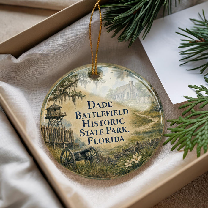 A decorative ornament with a painting of a historical scene, featuring a building, a wagon, and a tree, hanging from a string.