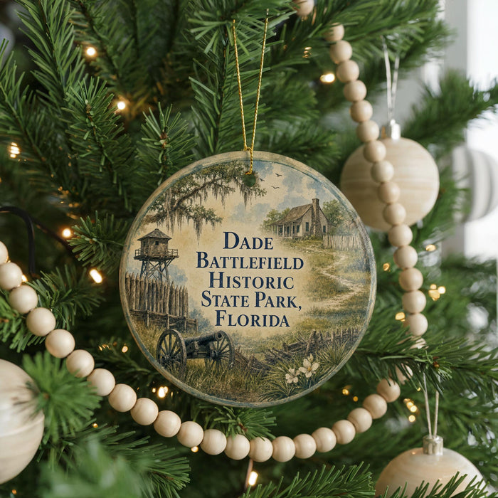 A round ornament hanging on a Christmas tree, featuring a scene from Battlefield Historic State Park, Florida.