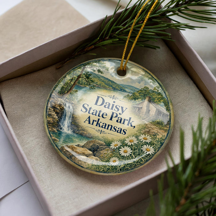 A decorative ornament with a scenic landscape of Daisy State Park, Arkansas, featuring a waterfall, a house, and flowers.