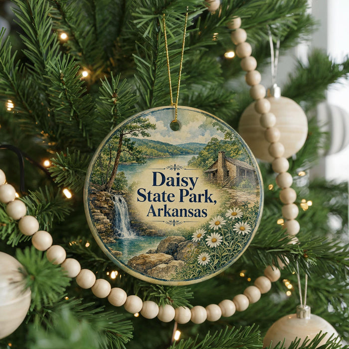 A round ornament hanging on a Christmas tree, featuring a scenic image of Daisy State Park in Arkansas.