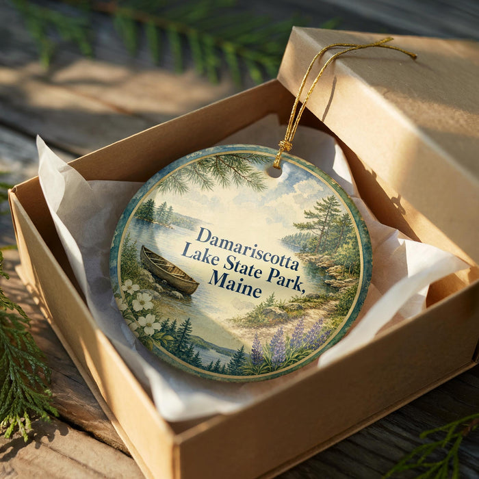 A decorative ornament in a wooden box, featuring a scenic landscape with pine trees, a lake, and a boat, along with the text "Darmiscotta Lake State Park, Maine".