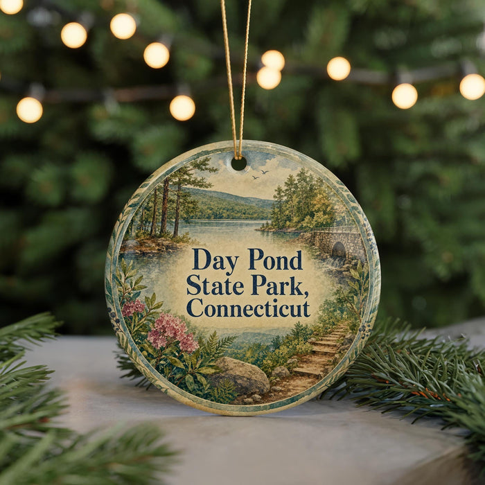 A circular ornament with a scenic landscape of Day Pond State Park, Connecticut, featuring a lake, trees, and a bridge.