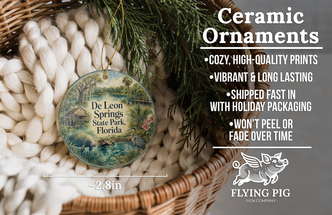 Ceramic ornaments, featuring a detailed image of De Leon Springs State Park, Florida, hanging from a wicker basket.