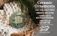 Ceramic ornaments, featuring a detailed image of De Leon Springs State Park, Florida, hanging from a wicker basket.