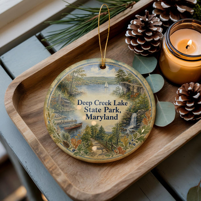 A decorative ornament featuring a scenic view of Deep Creek Lake State Park, Maryland, with pine cones and a lit candle on a wooden tray.