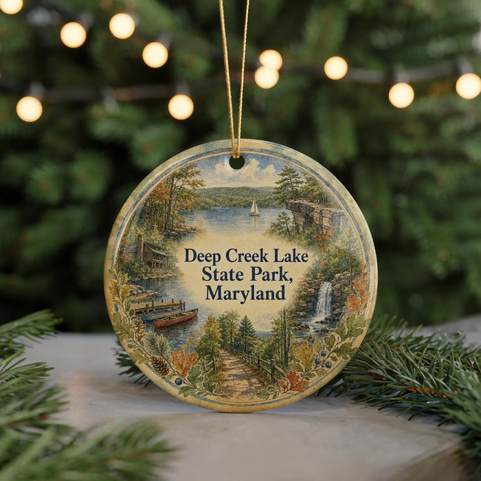 A decorative ornament featuring a scenic landscape of Deep Creek Lake, State Park, Maryland, with a sailboat on the lake and a forested area in the background.