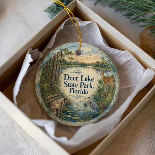 A decorative ornament in a box, featuring a scenic image of Deer Lake State Park in Florida.