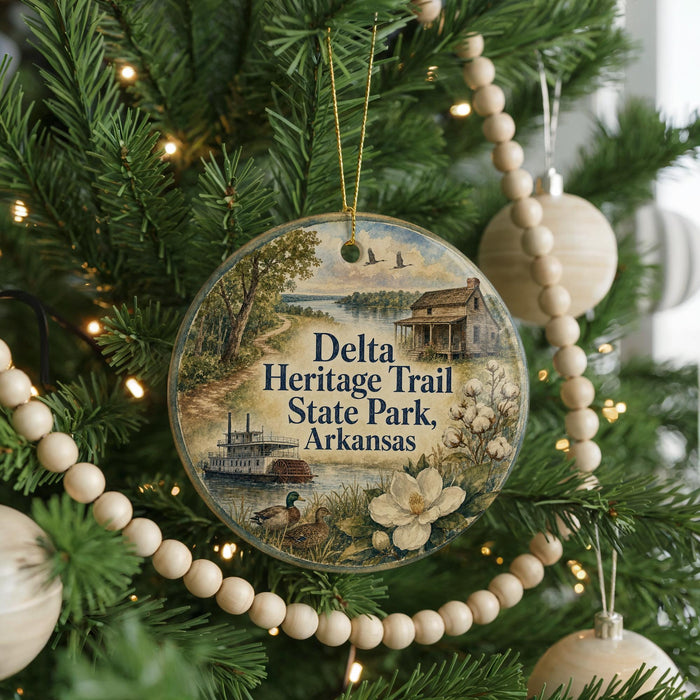 A round ornament hanging on a Christmas tree, featuring illustrations of Delta Heritage Trail State Park in Arkansas.