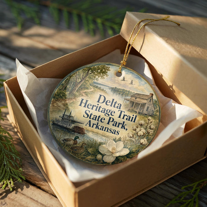 A decorative ornament in a wooden box, featuring a scenic illustration of Delta Heritage Trail State Park in Arkansas.