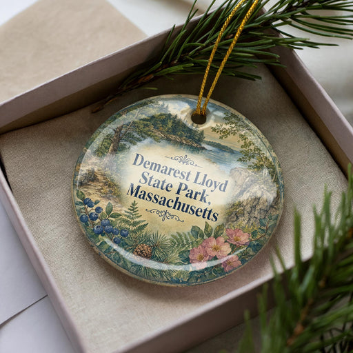 A decorative ornament in a box, featuring a scenic landscape with pine trees, flowers, and a body of water.