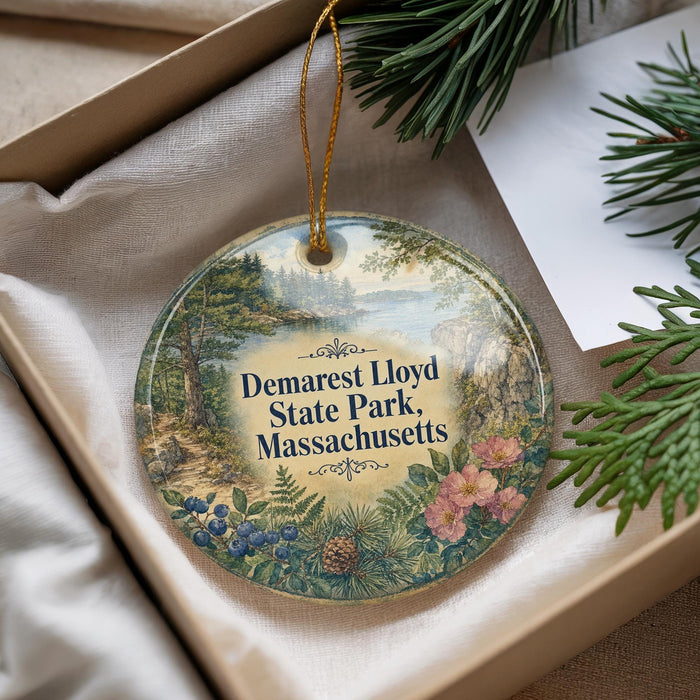 A decorative ornament with a landscape scene and text, placed in a box with pine branches.