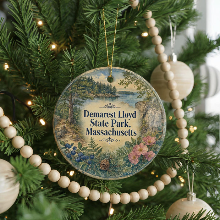 A round ornament hanging on a Christmas tree, featuring a scenic landscape with a lake and trees.