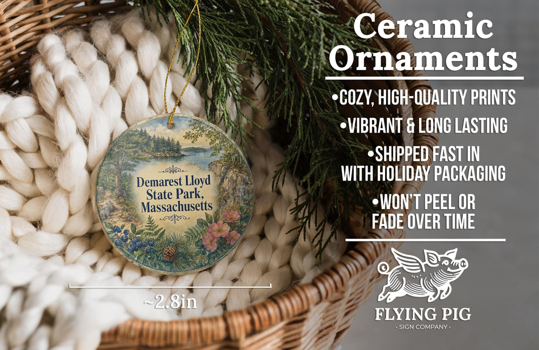 Ceramic ornaments, featuring a detailed image of a forest scene, are displayed in a woven basket.