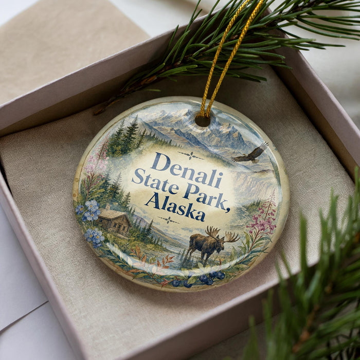 A decorative ornament in a box, featuring a moose and pine trees, with the text "Denali State Park, Alaska" printed on it.