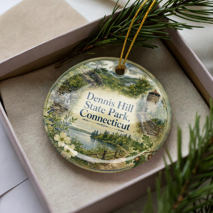 A decorative ornament with a scenic landscape of Dennis Hill State Park in Connecticut, featuring a lake, mountains, and a tower.