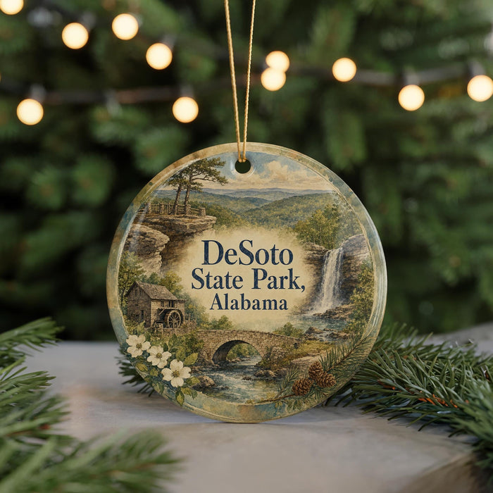 A decorative ornament featuring a scenic landscape with a waterfall, bridge, and trees, hanging in front of a Christmas tree with lights.
