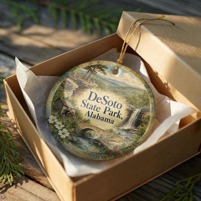 A decorative ornament in a box, featuring a scenic landscape with a waterfall and a bridge, with the text "DeSoto State Park, Alabama" printed on it.