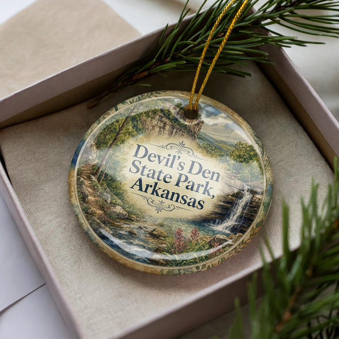 A decorative ornament in a box, featuring a scenic landscape with a waterfall and pine trees.