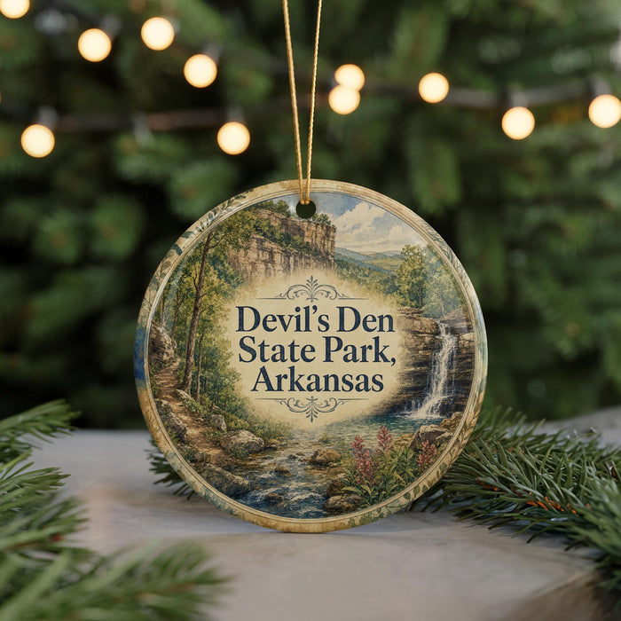 A circular ornament with a scenic image of Devil's Den State Park in Arkansas, featuring a waterfall and lush greenery.