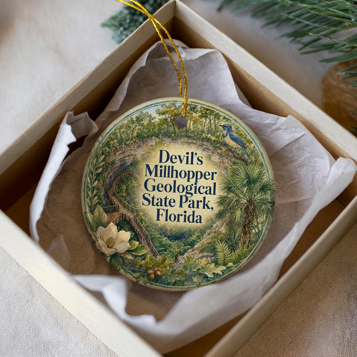 A decorative ornament in a box, featuring a lush, tropical landscape with palm trees and other greenery, along with the text " Devil's Millhopper Geological State Park, Florida".