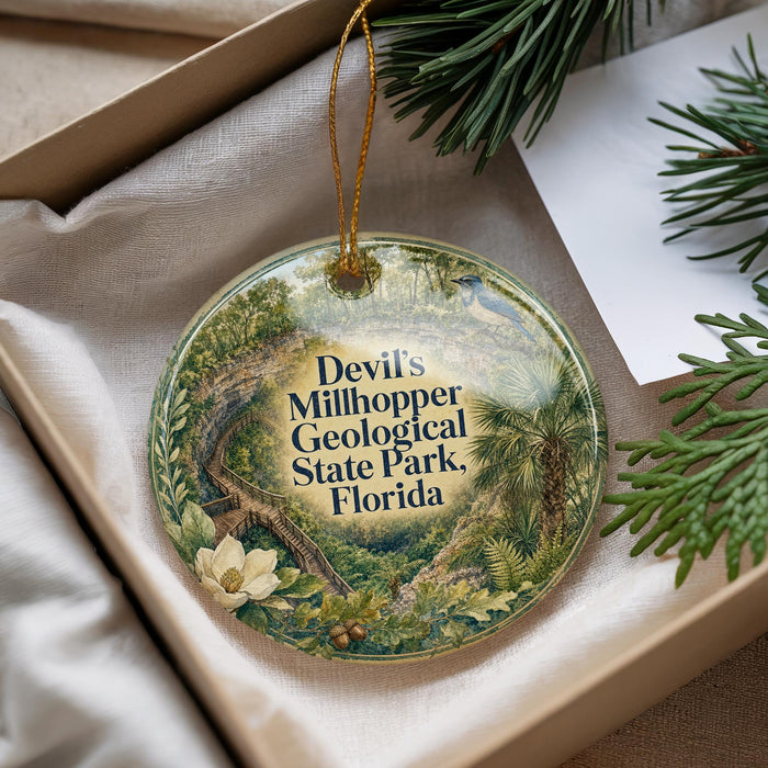 A decorative ornament with a natural scene, including a tree, flowers, and a winding path, is displayed in a box with pine branches.