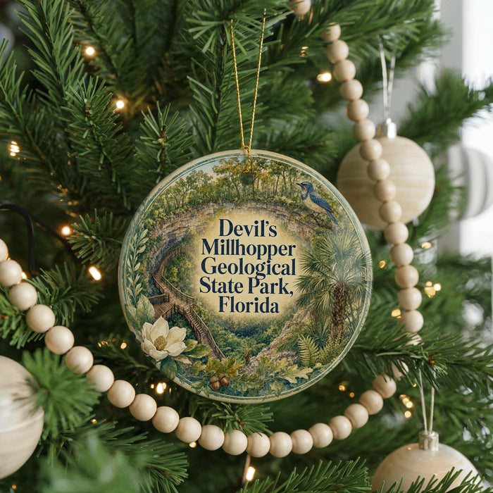 A round ornament hanging on a Christmas tree, featuring a scenic landscape with a winding path and a bird in flight.
