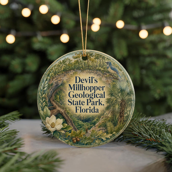 A round ornament with a floral design and text, hanging on a string.