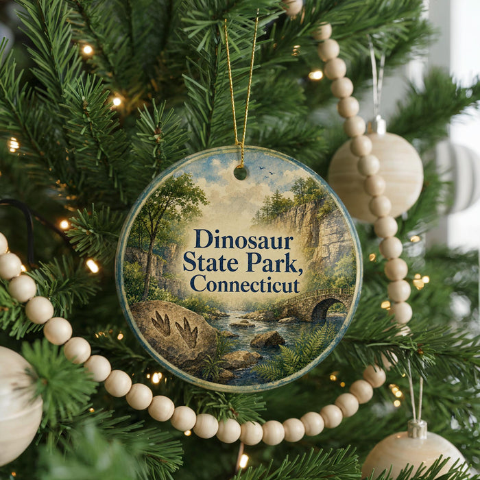 A round ornament hanging on a Christmas tree, featuring a scenic landscape with a river and trees.